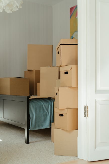 A cardboard moving box, partially open with its flaps raised, is placed on a bed in a room with wooden wall paneling and a white curtain. Next to the box, there is a closed brown leather suitcase on t